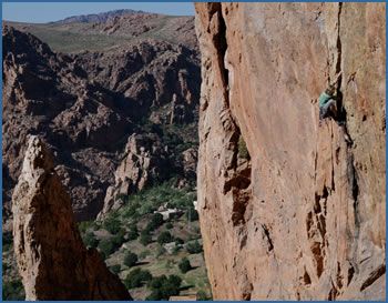 Dan Donovan climbing Hammer Finger (E5 6a) in the Samazar Valley of the Jebel el Kest Massif